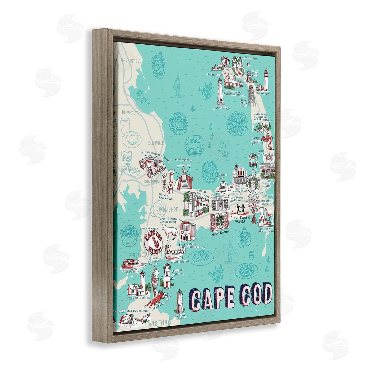 Ziwei Li Cape Cod Nautical Landmark Map Brown Floater Frame Canvas Art