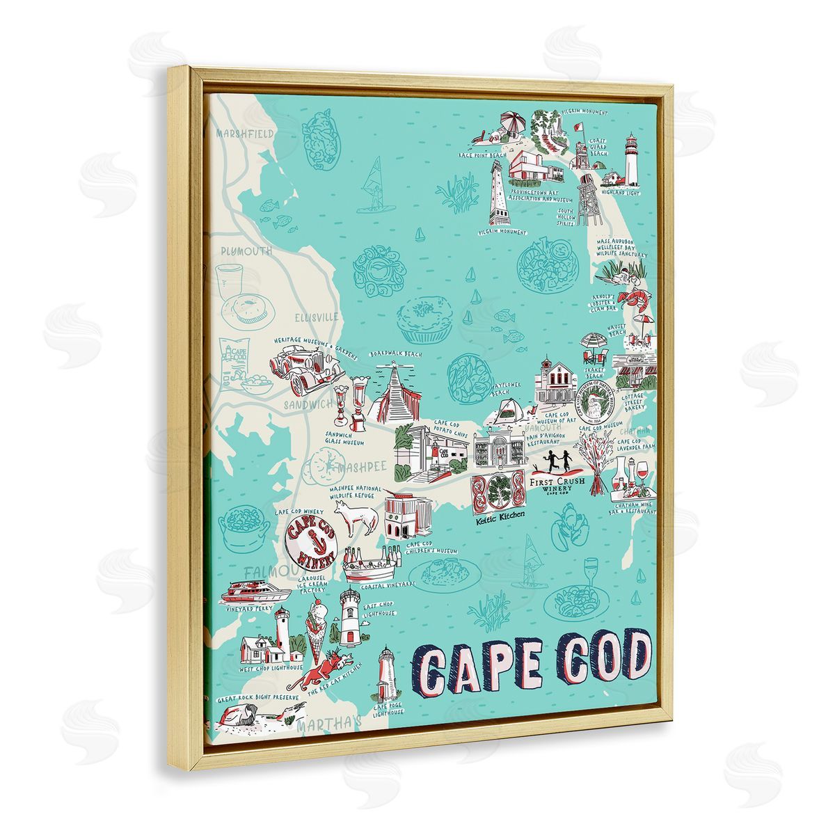 Ziwei Li Cape Cod Nautical Landmark Map Gold Floater Frame Canvas Art