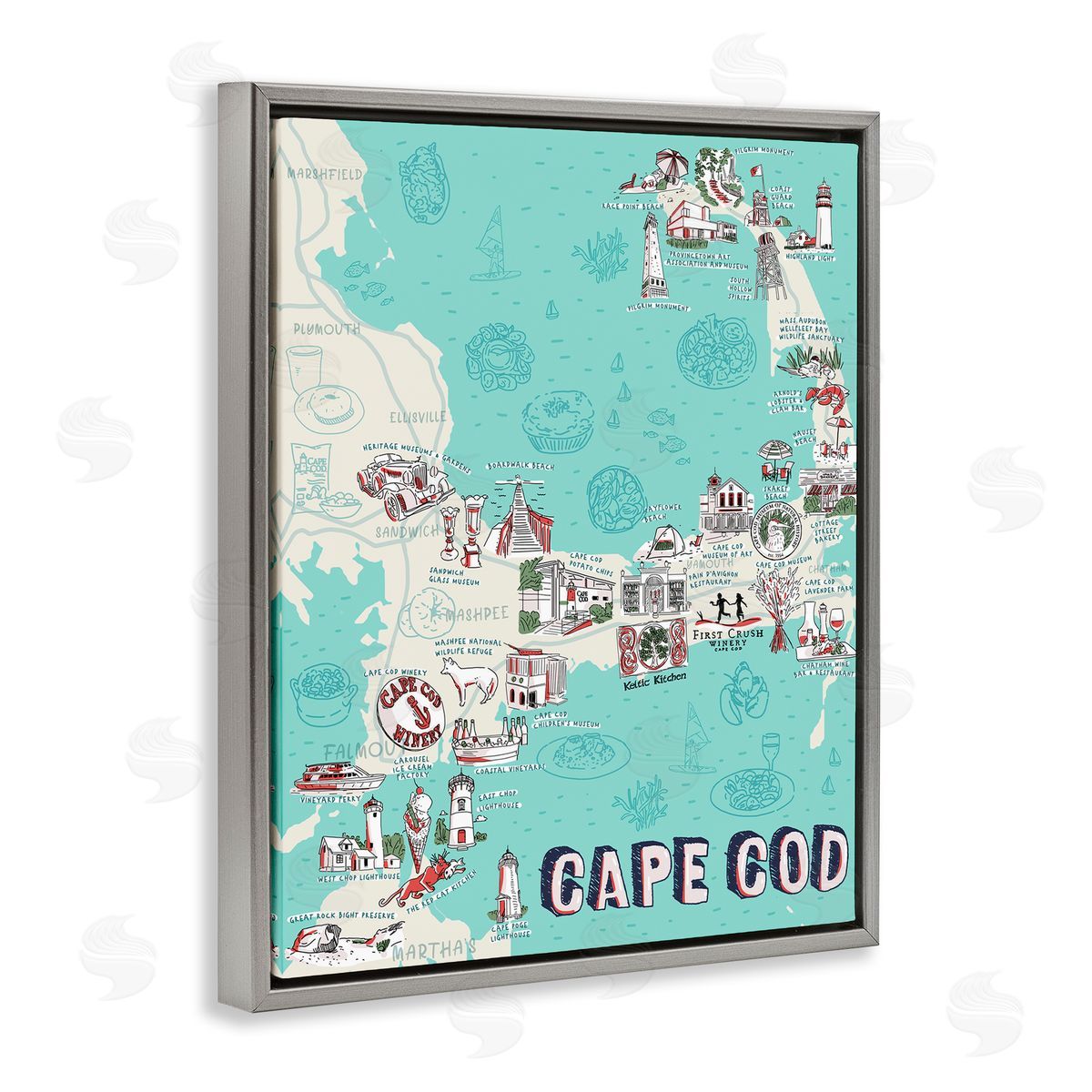 Ziwei Li Cape Cod Nautical Landmark Map Gray Floater Frame Canvas Art