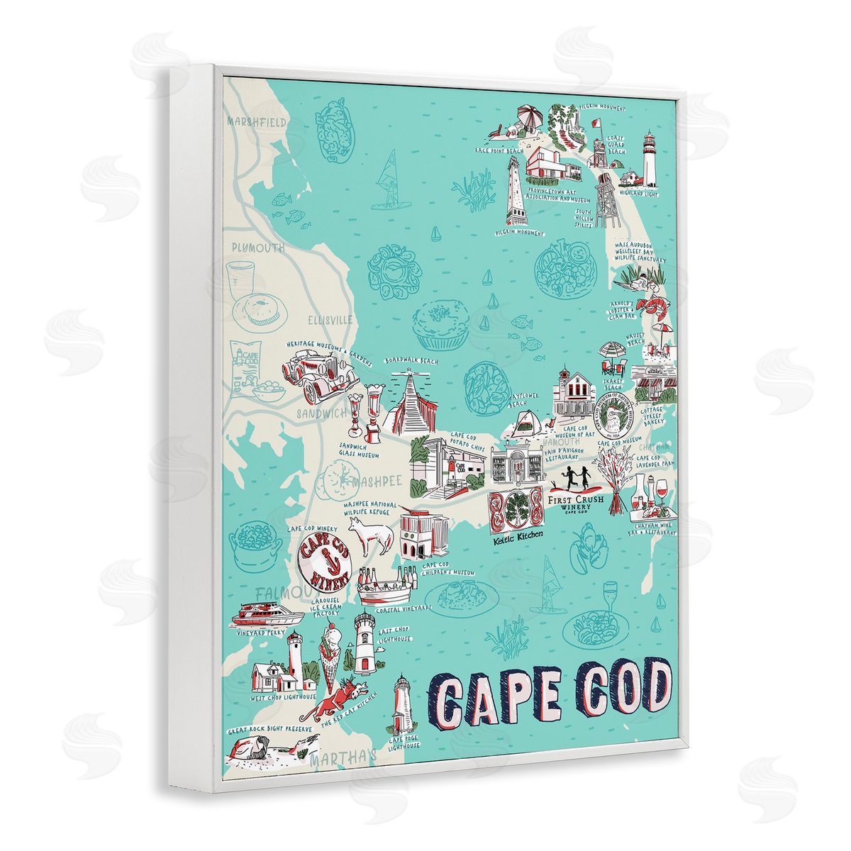 Ziwei Li Cape Cod Nautical Landmark Map White Framed Giclee Wall Art