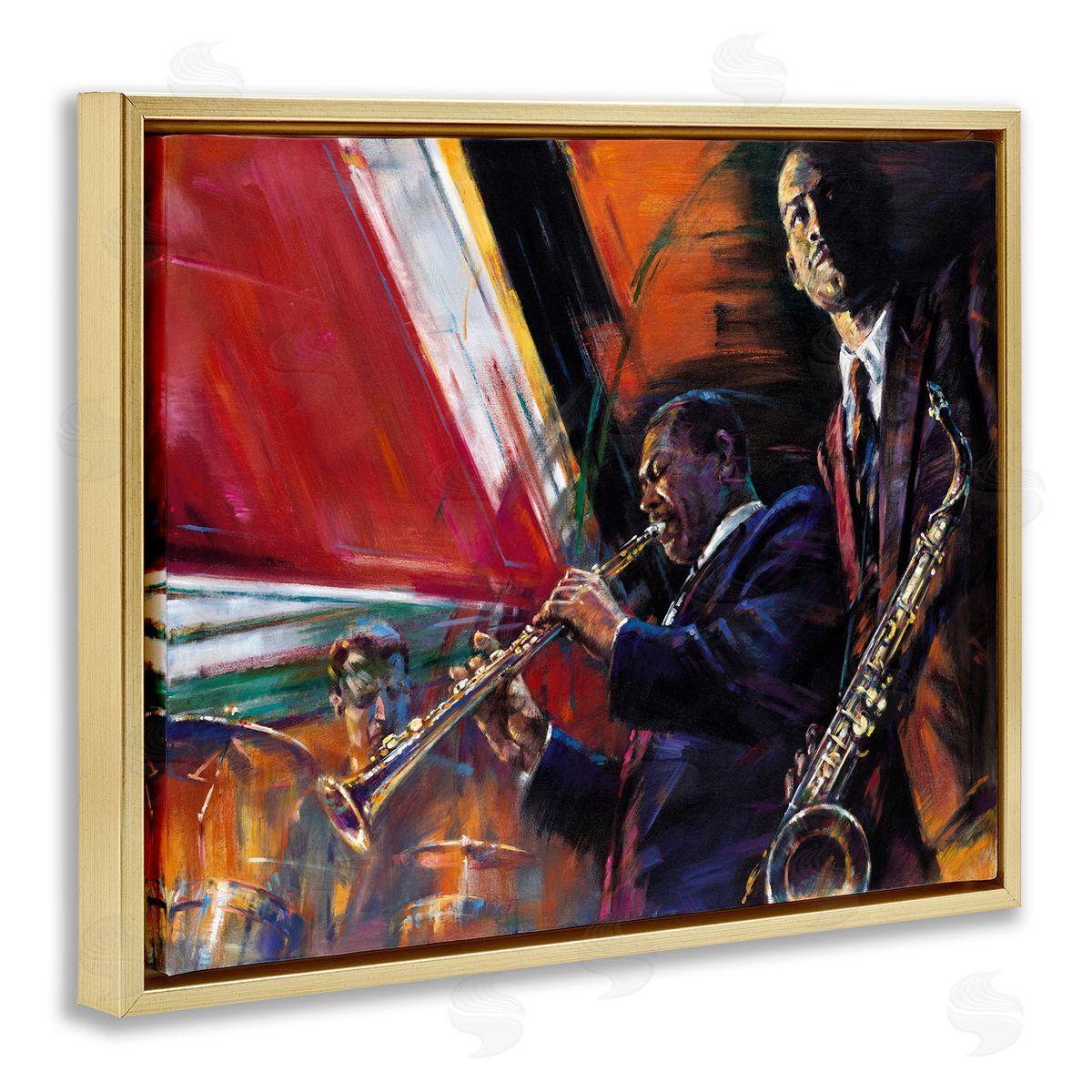 Jin G. Kam Abstract Jazz Musicians Traditional Instruments Gold Floater Frame Canvas Art