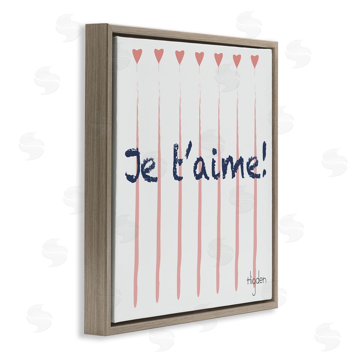 Mark Higden French Je T'aime Pink Hearts Brown Floater Frame Canvas Art