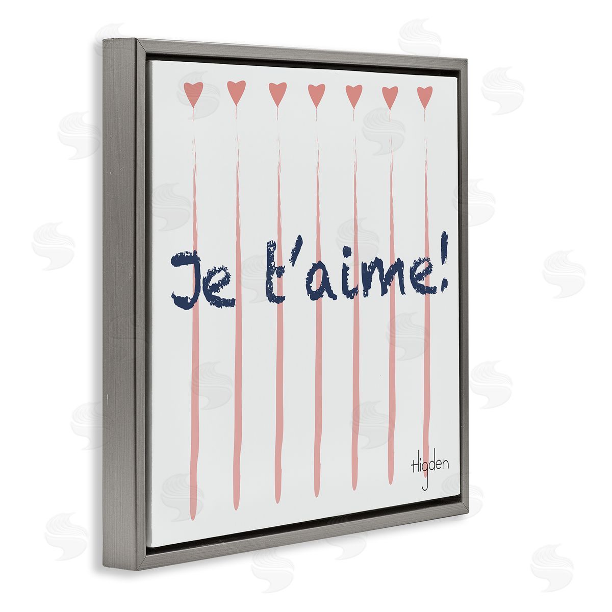 Mark Higden French Je T'aime Pink Hearts Gray Floater Frame Canvas Art