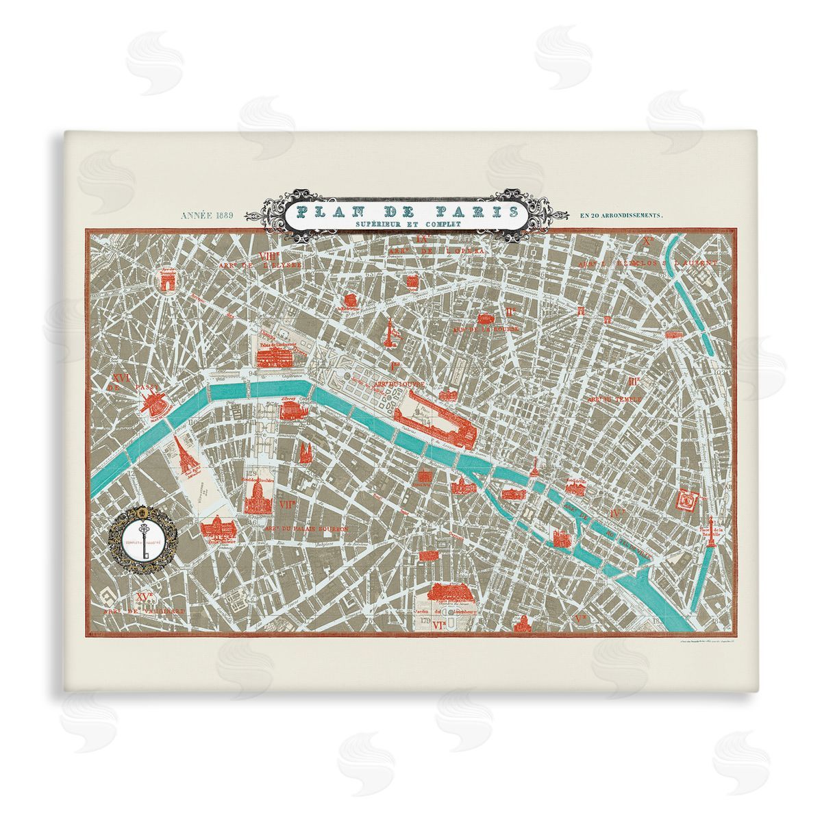 Sue Schlabach Vintage Parisian Map Seine River Canvas Wall Art