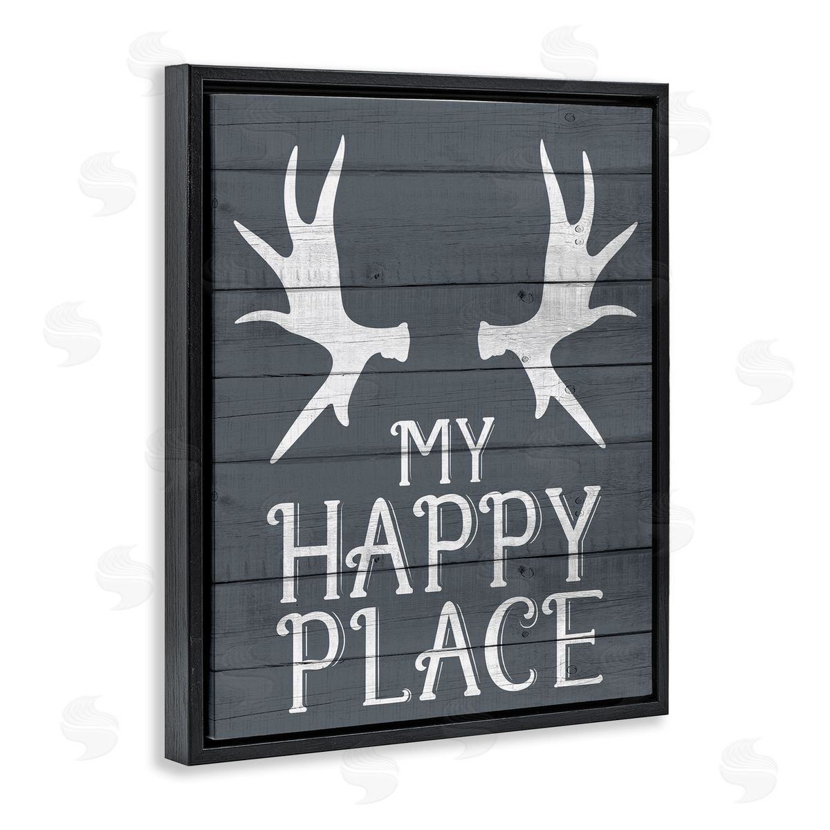 Kim Allen Rustic My Happy Place Antlers Black Floater Frame Canvas Art