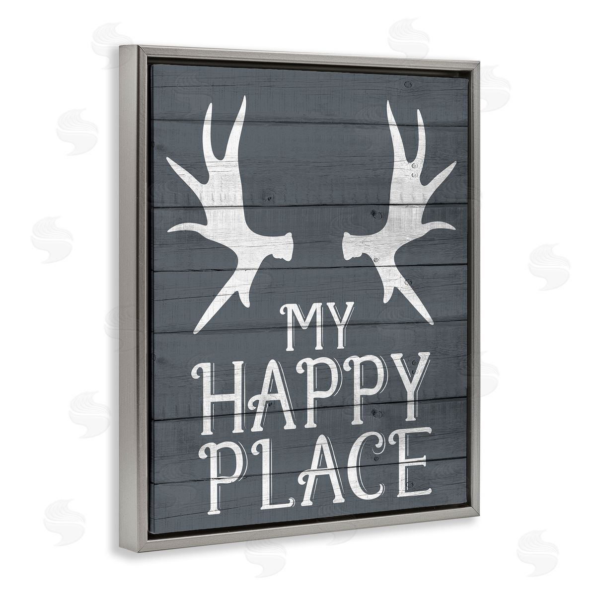Kim Allen Rustic My Happy Place Antlers Gray Floater Frame Canvas Art
