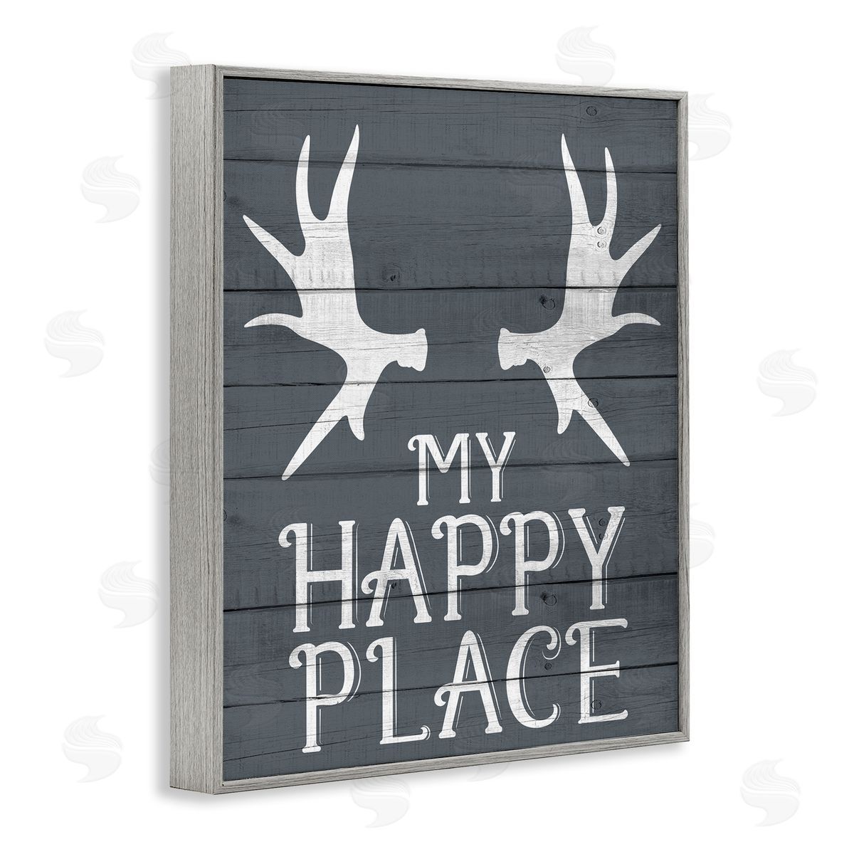 Kim Allen Rustic My Happy Place Antlers Gray Framed Giclee Wall Art