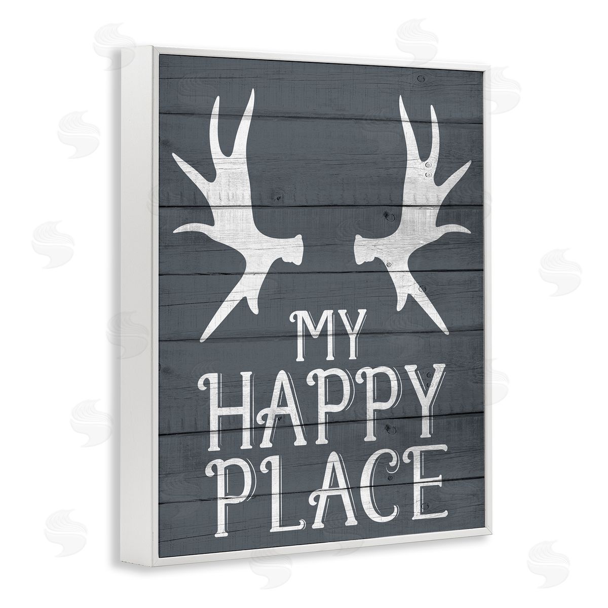 Kim Allen Rustic My Happy Place Antlers White Framed Giclee Wall Art