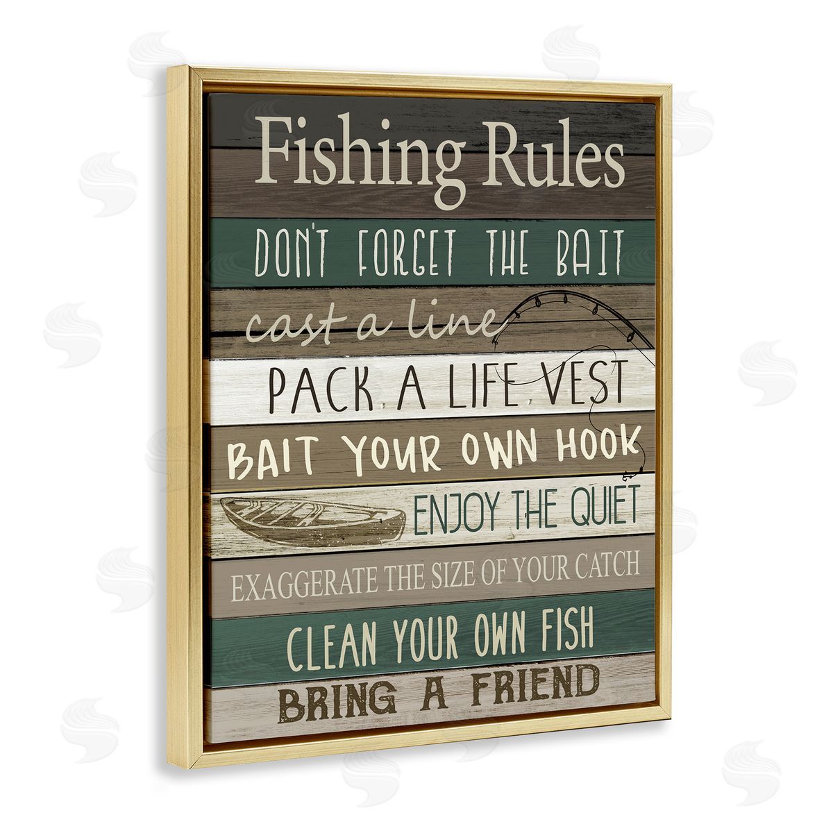 Kim Allen Rustic Fishing Rules Sign Gold Floater Frame Canvas Art