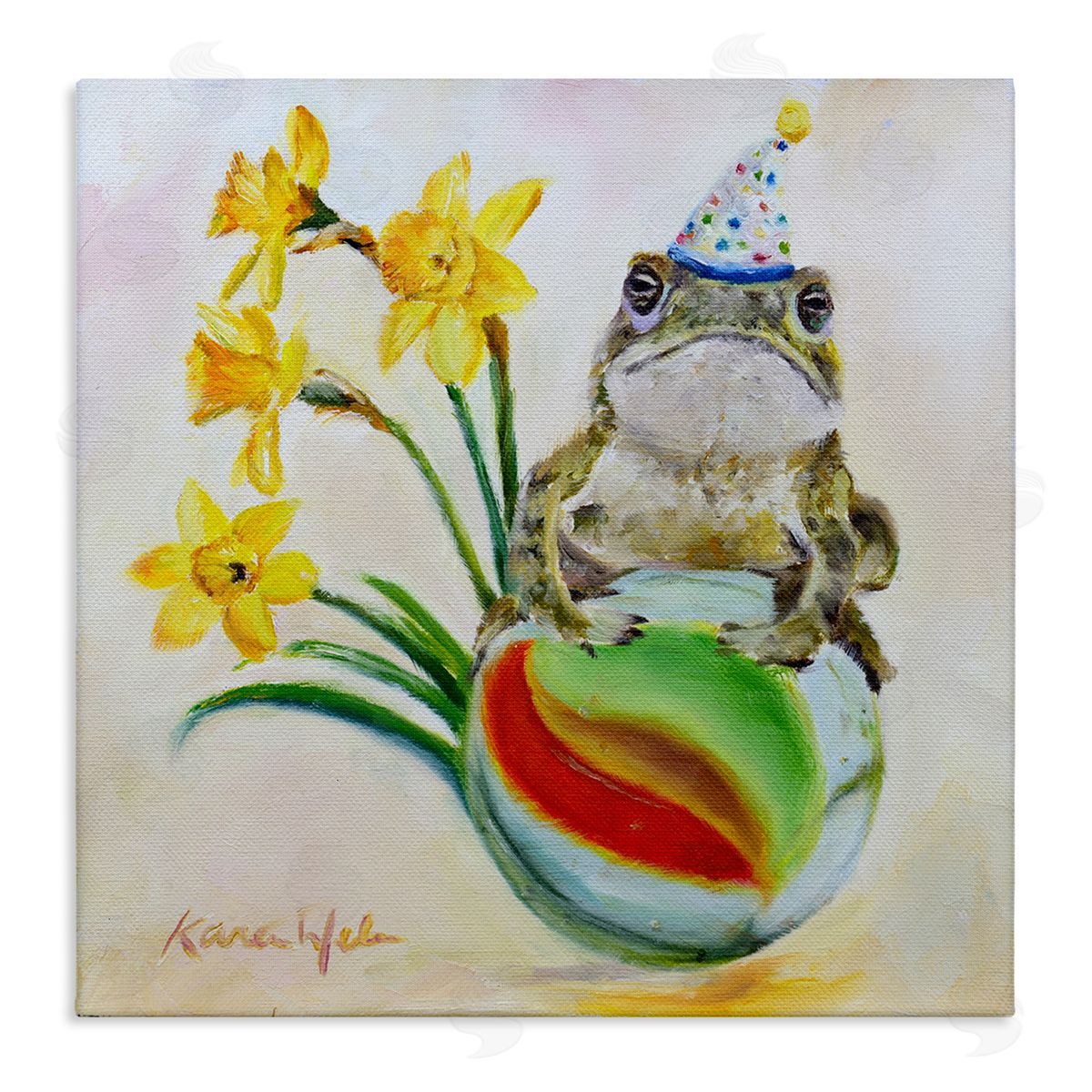 Karen Weber Fine Art Party Frog on Marble Yellow Daffodils Canvas Wall Art