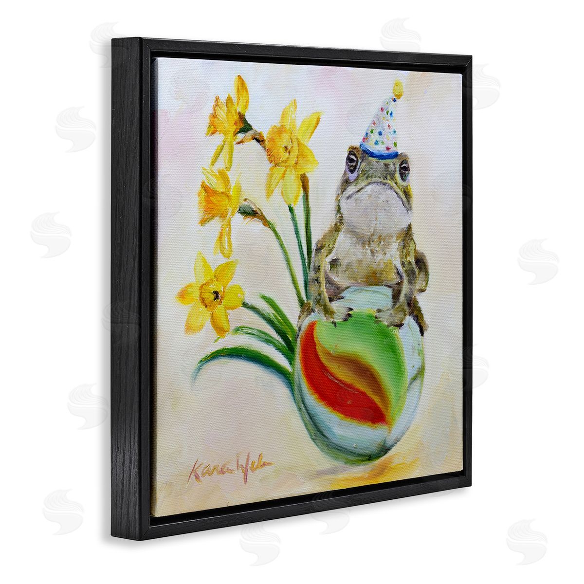Karen Weber Fine Art Party Frog on Marble Yellow Daffodils Black Floater Frame Canvas Art