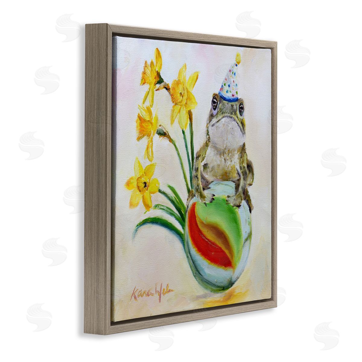Karen Weber Fine Art Party Frog on Marble Yellow Daffodils Brown Floater Frame Canvas Art