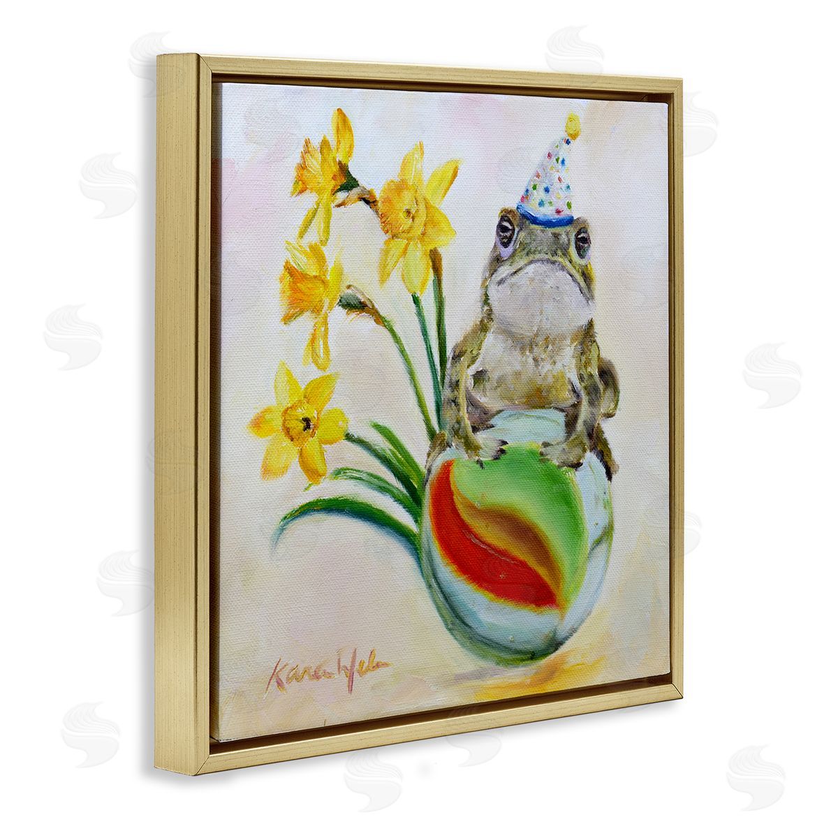 Karen Weber Fine Art Party Frog on Marble Yellow Daffodils Gold Floater Frame Canvas Art