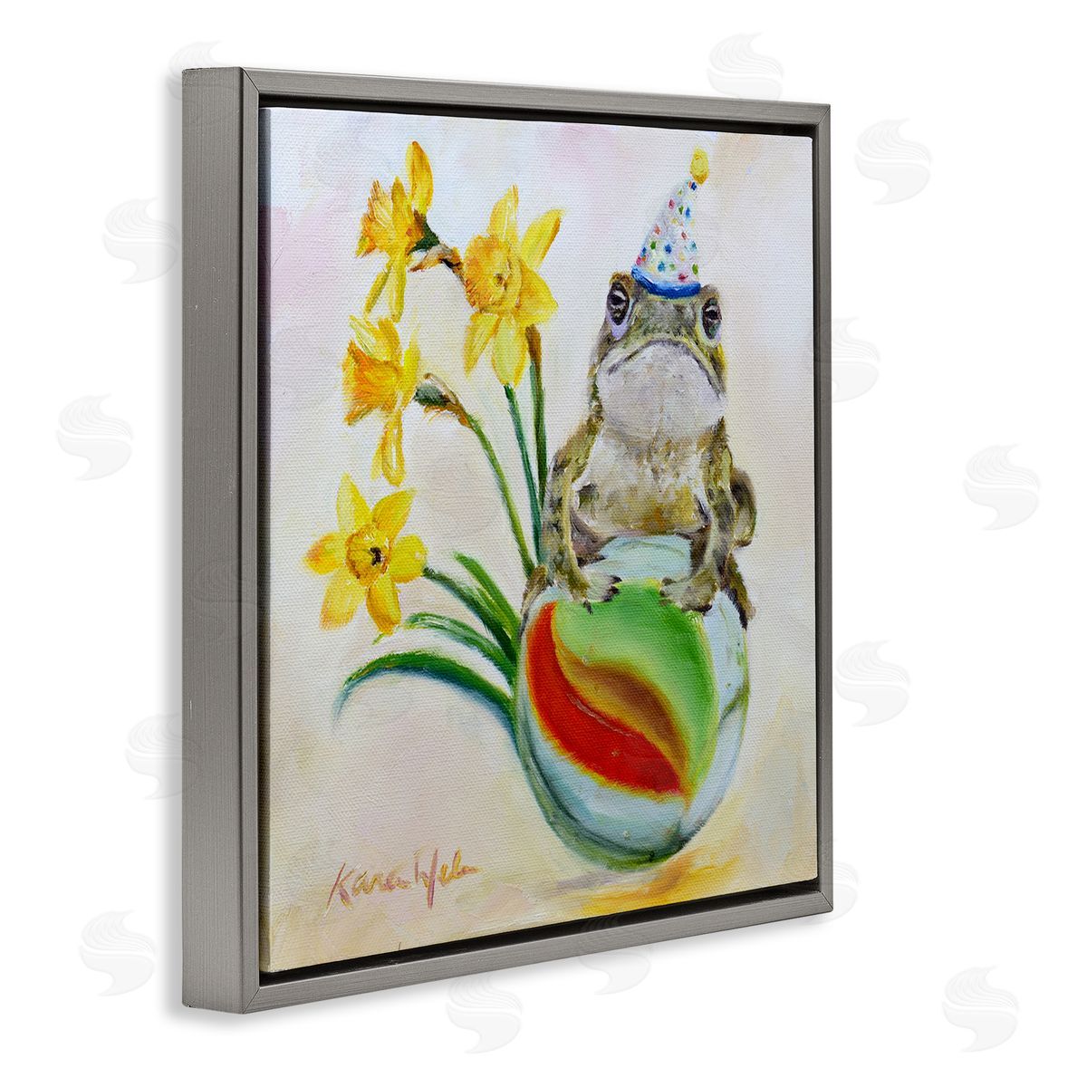 Karen Weber Fine Art Party Frog on Marble Yellow Daffodils Gray Floater Frame Canvas Art