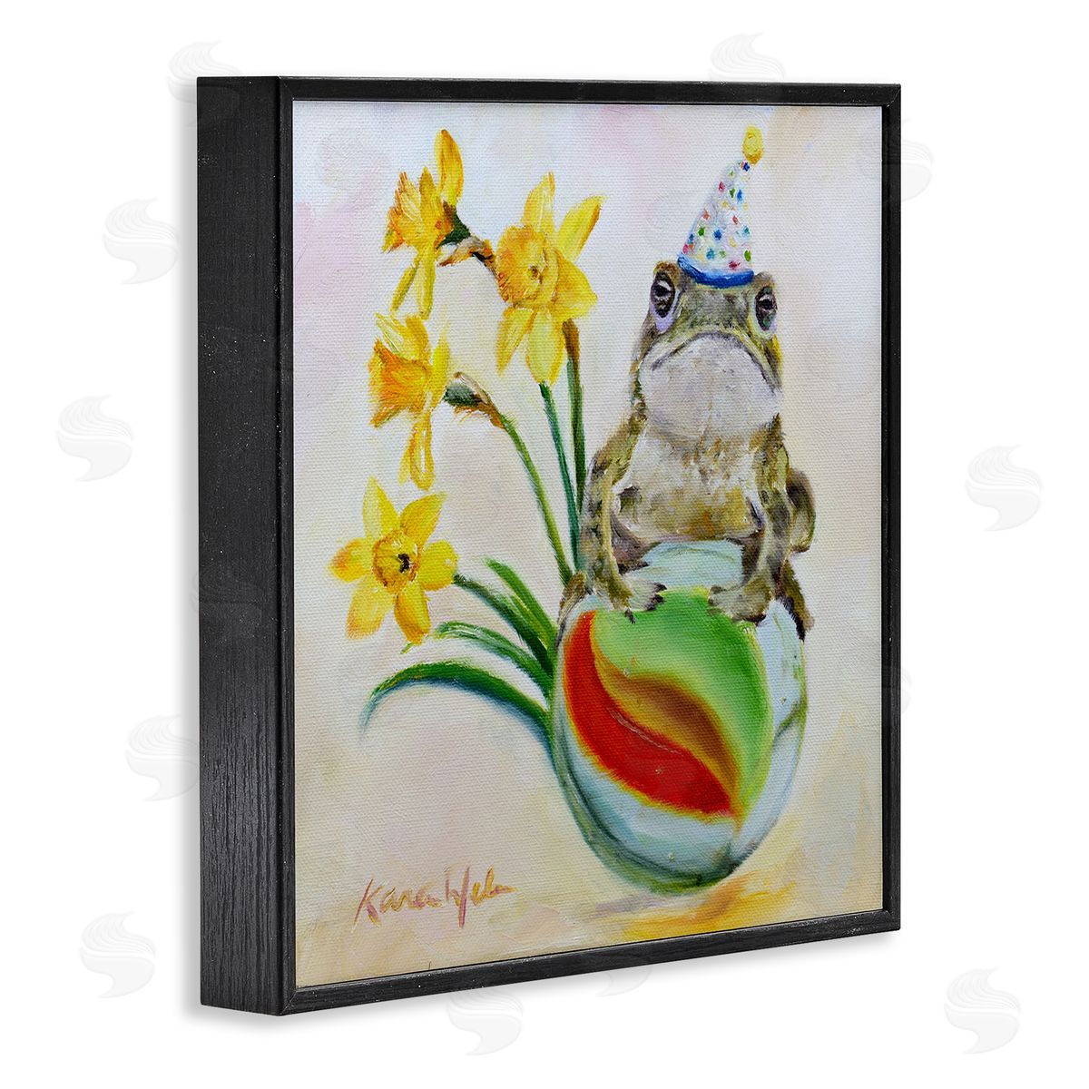 Karen Weber Fine Art Party Frog on Marble Yellow Daffodils Black Framed Giclee Wall Art