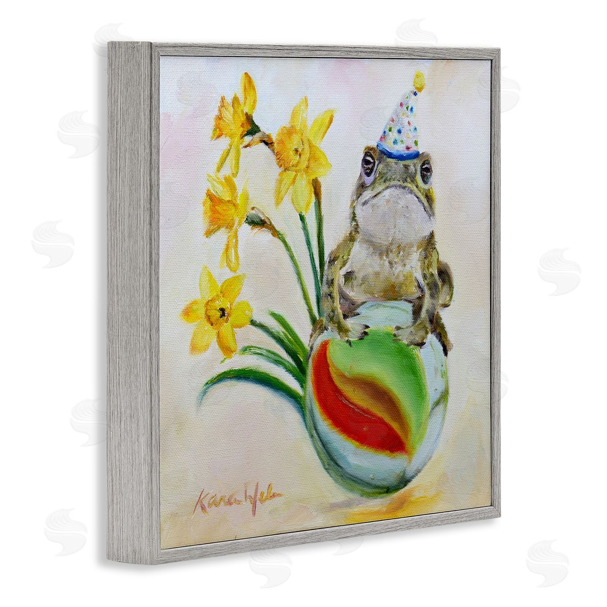 Karen Weber Fine Art Party Frog on Marble Yellow Daffodils Gray Framed Giclee Wall Art