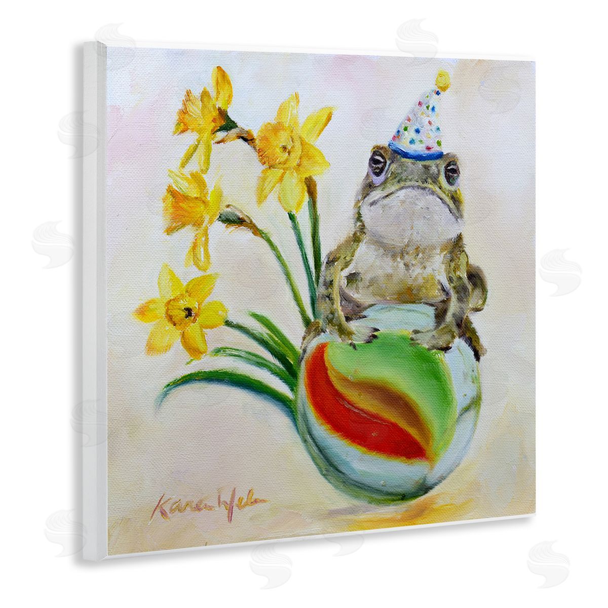 Karen Weber Fine Art Party Frog on Marble Yellow Daffodils Wall Plaque Art