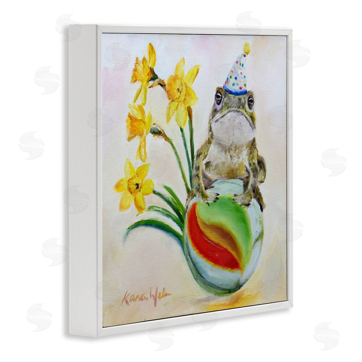 Karen Weber Fine Art Party Frog on Marble Yellow Daffodils White Framed Giclee Wall Art