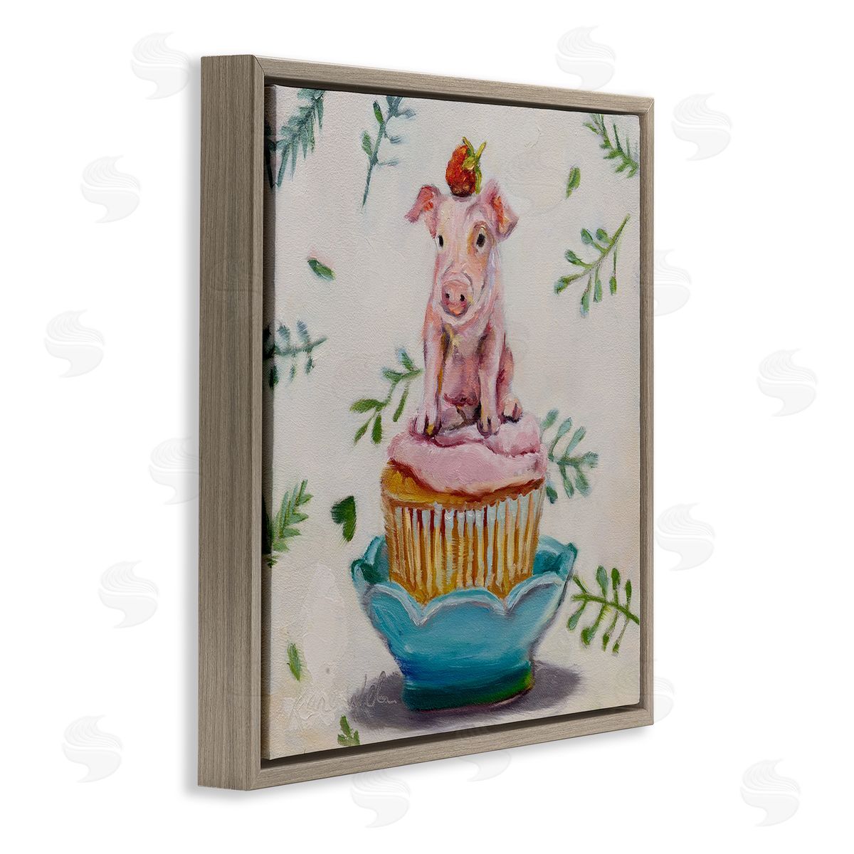 Teacup Pig on Cupcake Brown Floating Frame Canvas Wall Art, Home Decor by Karen Weber Fine Art