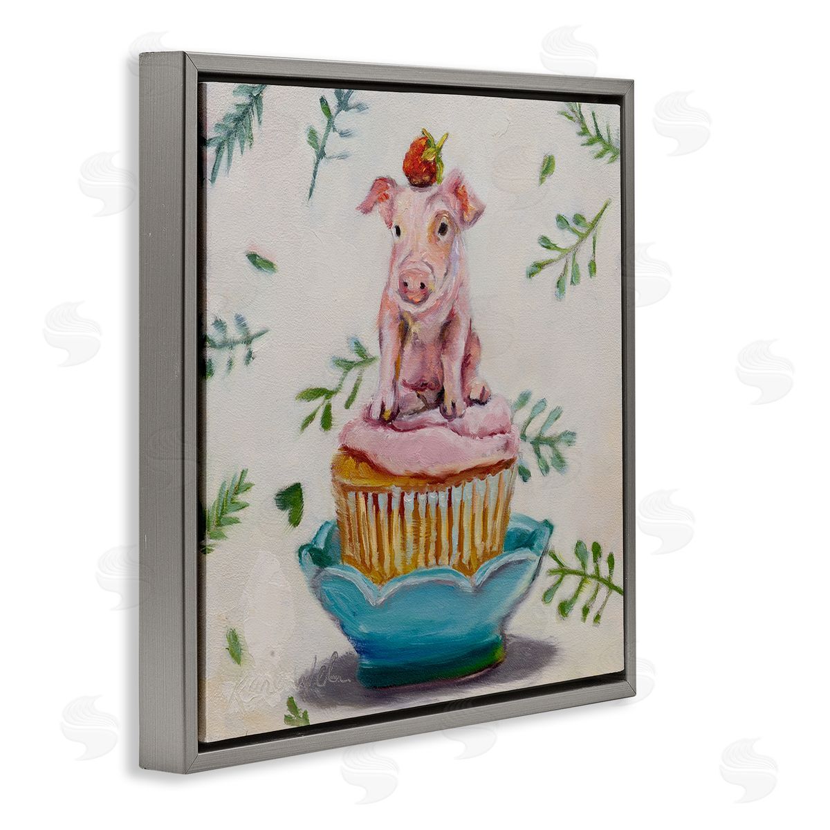 Teacup Pig on Cupcake Grey Floating Frame Canvas Wall Art, Home Decor by Karen Weber Fine Art