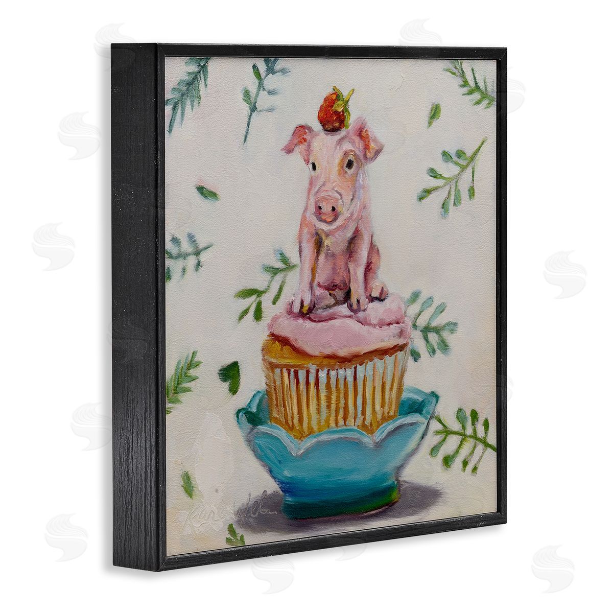 Teacup Pig on Cupcake Black Frame Print Wall Art, Home Decor by Karen Weber Fine Art