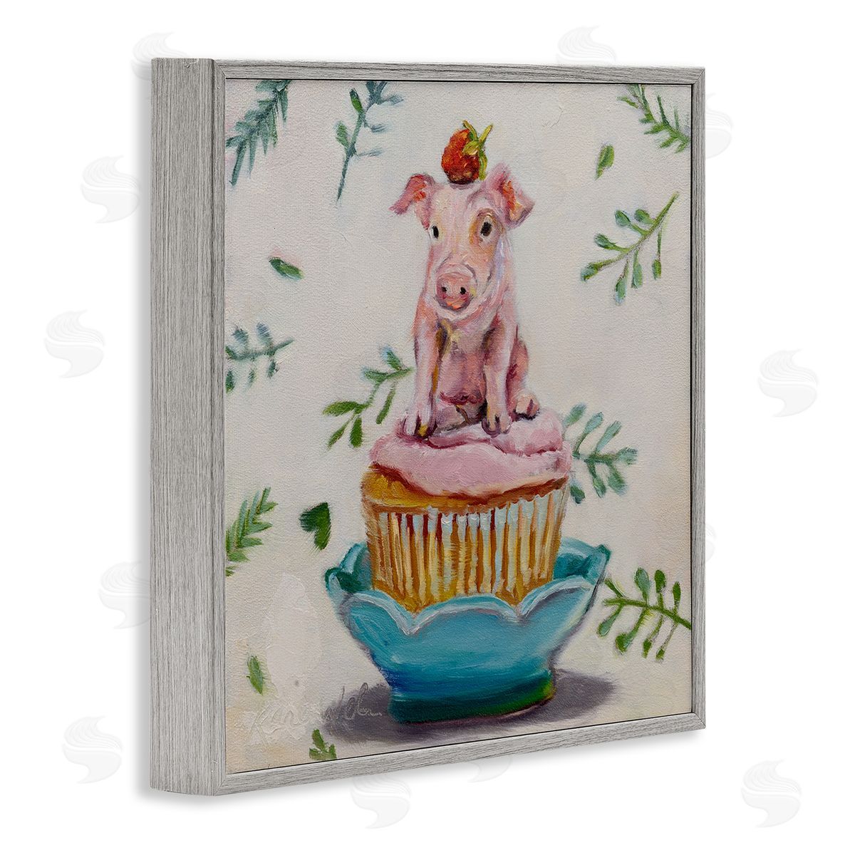 Teacup Pig on Cupcake Grey Frame Print Wall Art, Home Decor by Karen Weber Fine Art
