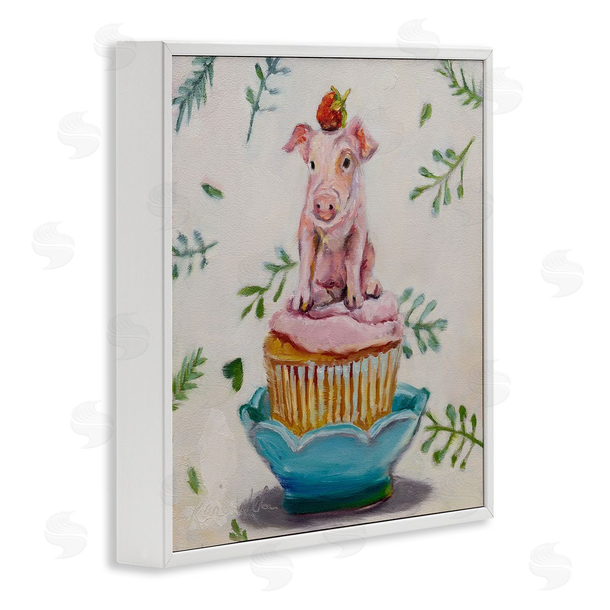 Teacup Pig on Cupcake White Frame Print Wall Art, Home Decor by Karen Weber Fine Art