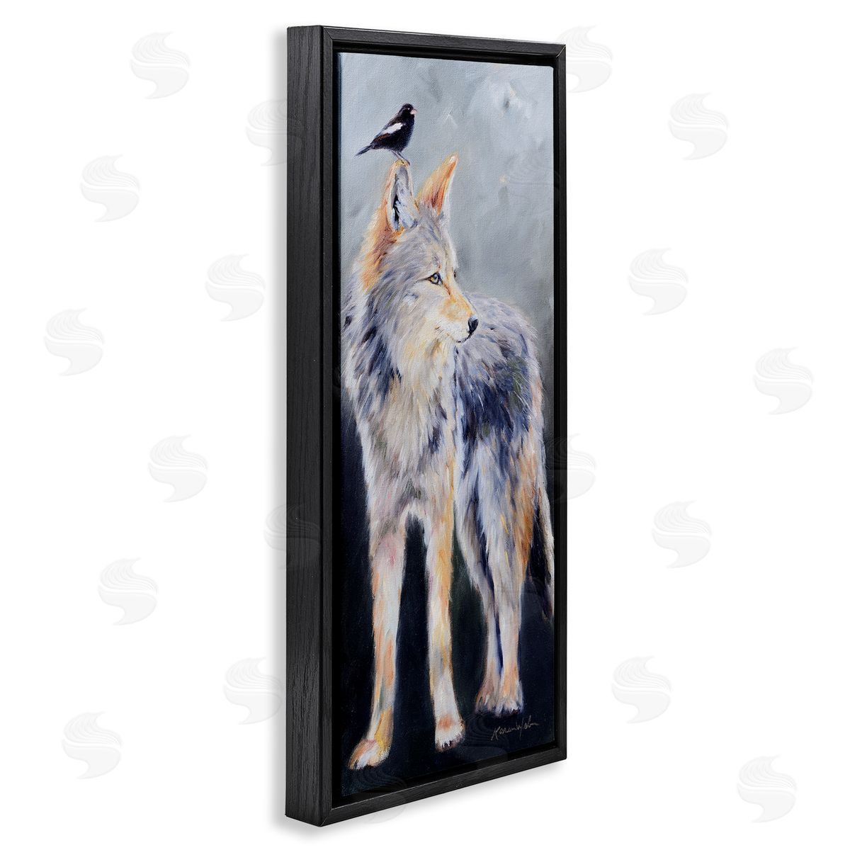 Wild Coyote & Black Bird Black Floating Frame Canvas Wall Art, Home Decor by Karen Weber Fine Art