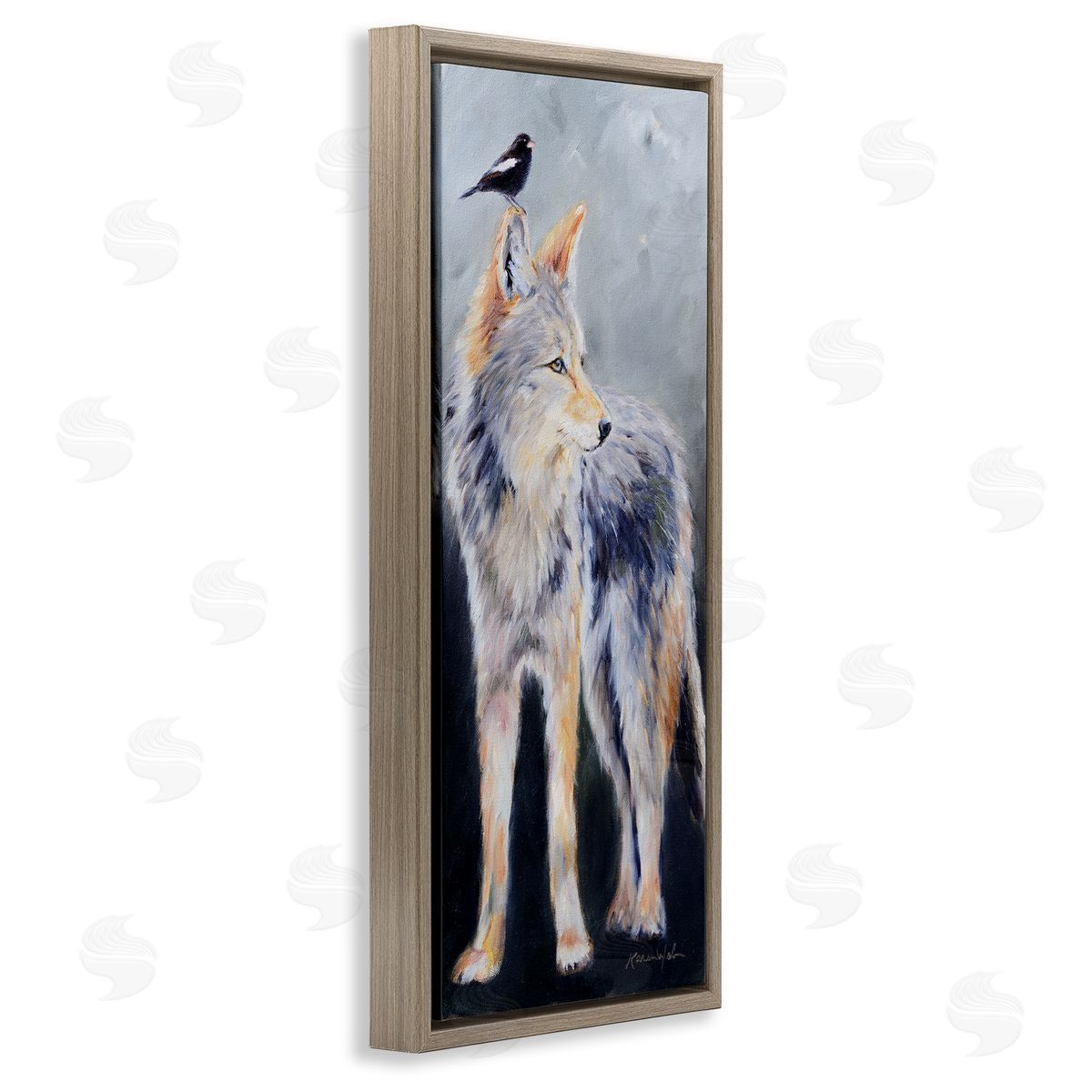 Wild Coyote & Black Bird Brown Floating Frame Canvas Wall Art, Home Decor by Karen Weber Fine Art