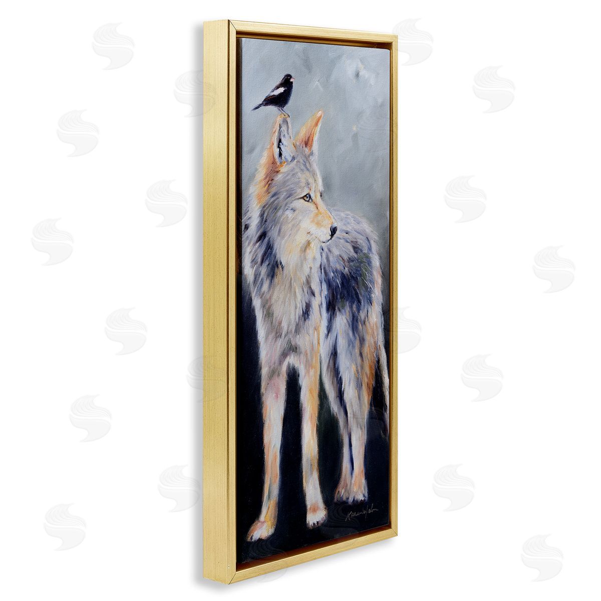 Wild Coyote & Black Bird Gold Floating Frame Canvas Wall Art, Home Decor by Karen Weber Fine Art