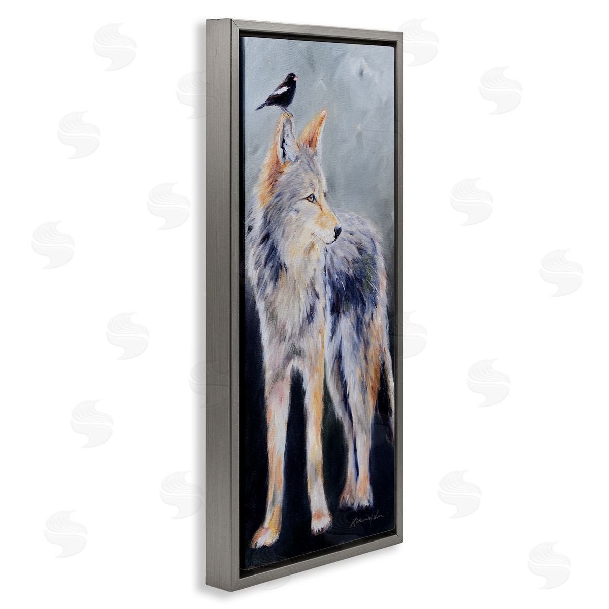 Wild Coyote & Black Bird Grey Floating Frame Canvas Wall Art, Home Decor by Karen Weber Fine Art