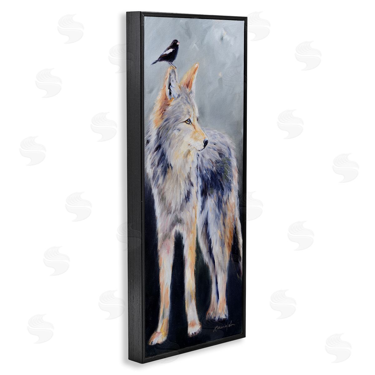 Wild Coyote & Black Bird Black Frame Print Wall Art, Home Decor by Karen Weber Fine Art
