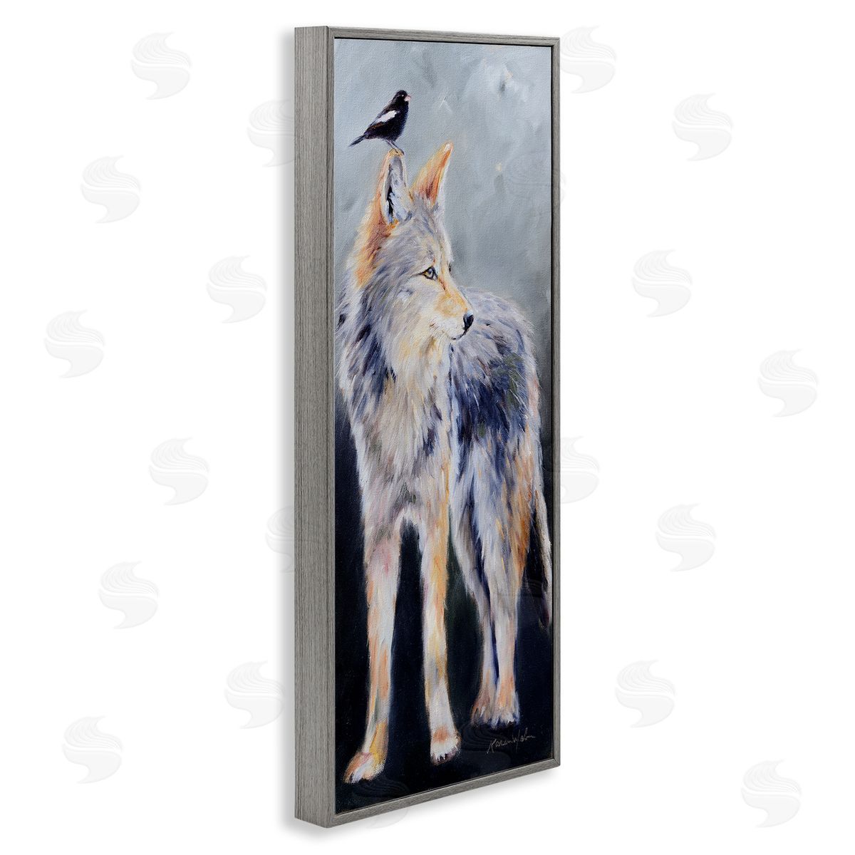 Wild Coyote & Black Bird Grey Frame Print Wall Art, Home Decor by Karen Weber Fine Art