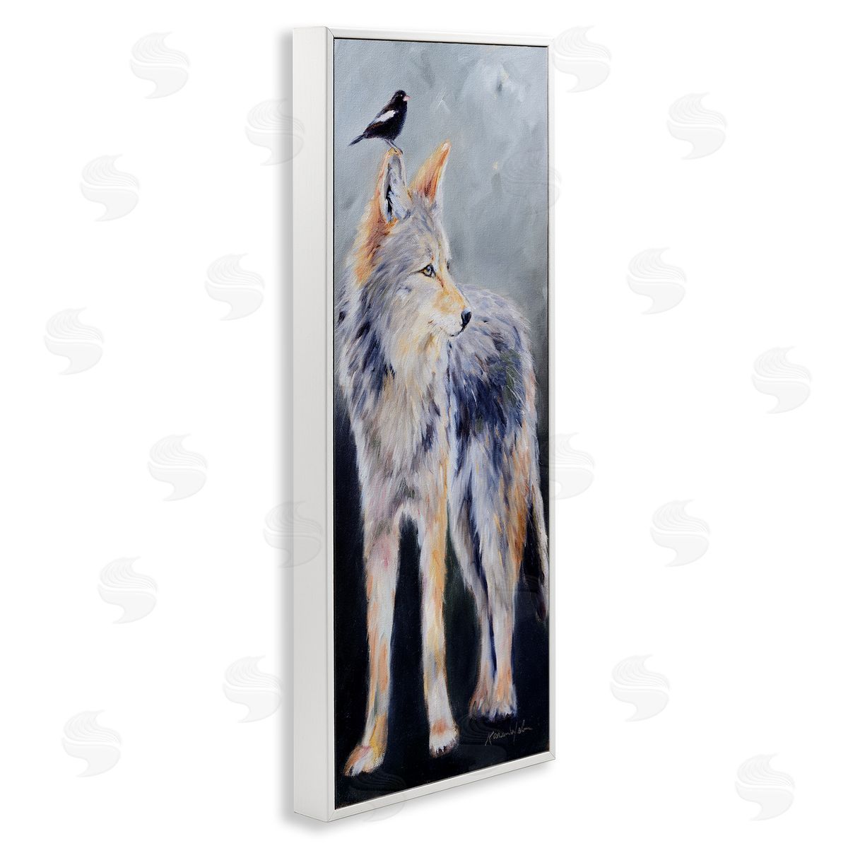 Wild Coyote & Black Bird White Frame Print Wall Art, Home Decor by Karen Weber Fine Art