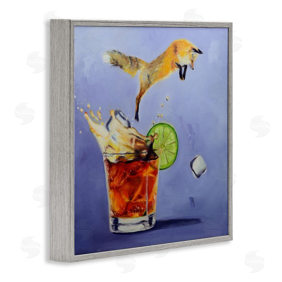 Karen Weber Fine Art Fox Leaping Vintage Cocktail Painting Gray Framed Giclee Wall Art