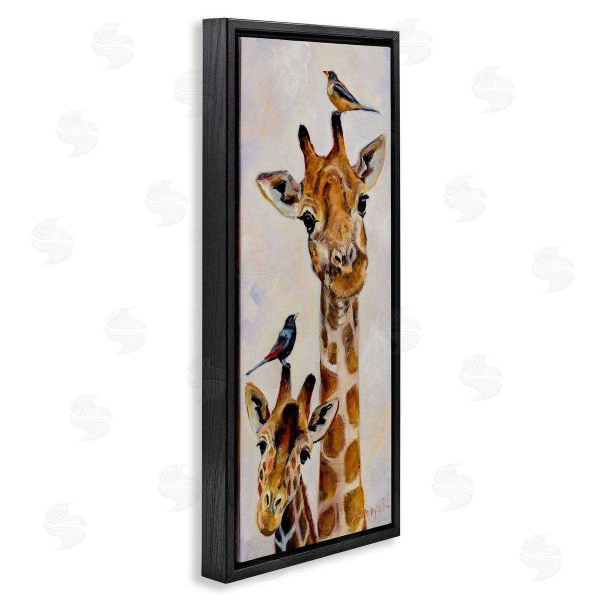 Giraffe & Perched Birds Black Floating Frame Canvas Wall Art, Home Decor by Karen Weber Fine Art