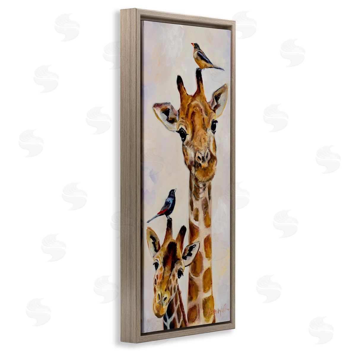Giraffe & Perched Birds Brown Floating Frame Canvas Wall Art, Home Decor by Karen Weber Fine Art