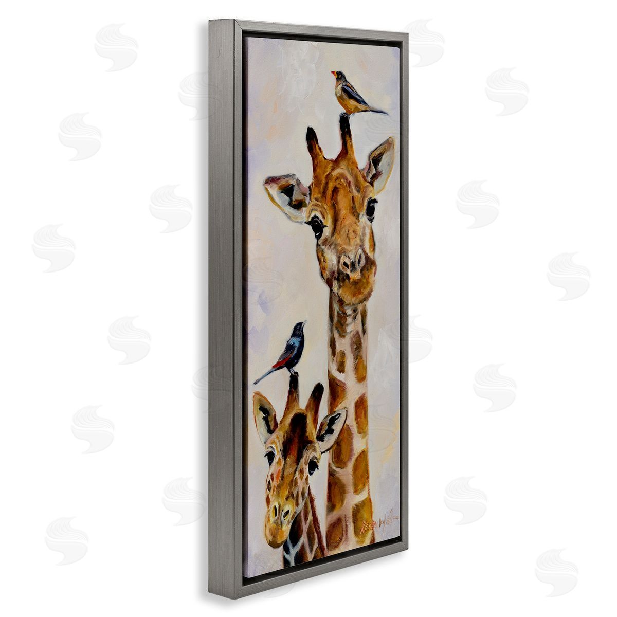 Giraffe & Perched Birds Grey Floating Frame Canvas Wall Art, Home Decor by Karen Weber Fine Art