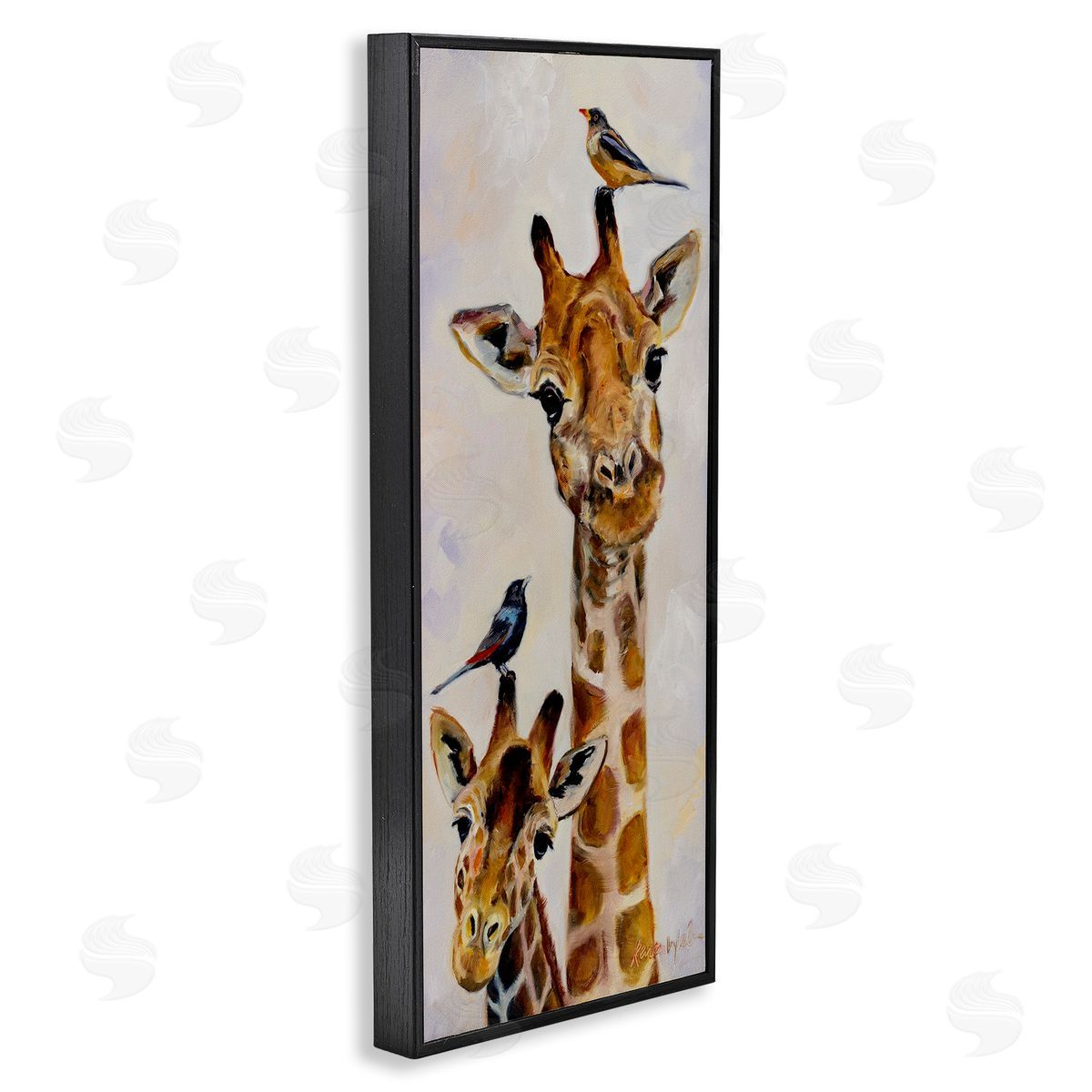 Giraffe & Perched Birds Black Frame Print Wall Art, Home Decor by Karen Weber Fine Art