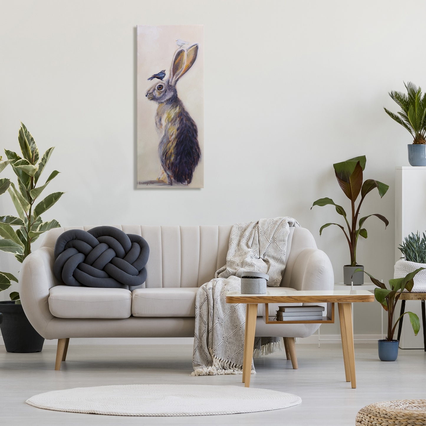 Minimal Rabbit & Perched Birds Canvas Wall Art in Room, Home Decor by Karen Weber Fine Art