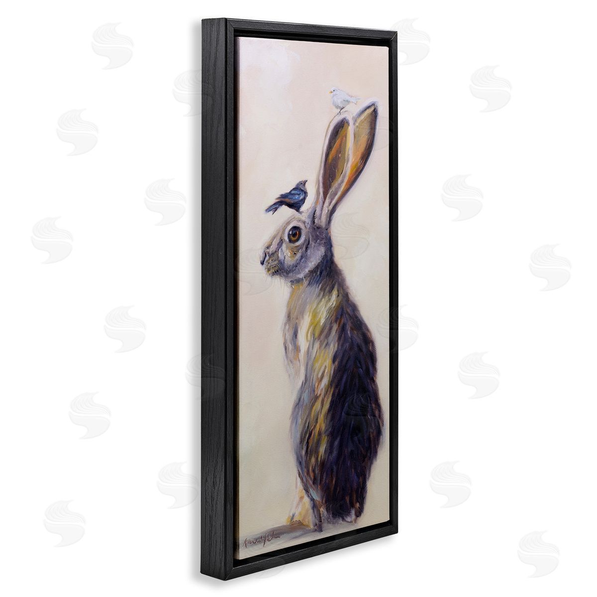 Minimal Rabbit & Perched Birds Black Floating Frame Canvas Wall Art, Home Decor by Karen Weber Fine Art