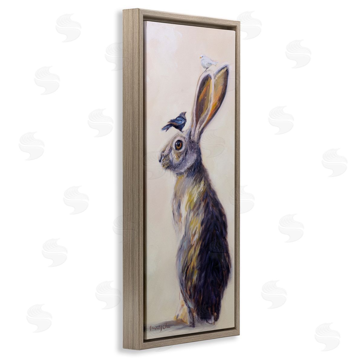 Minimal Rabbit & Perched Birds Brown Floating Frame Canvas Wall Art, Home Decor by Karen Weber Fine Art