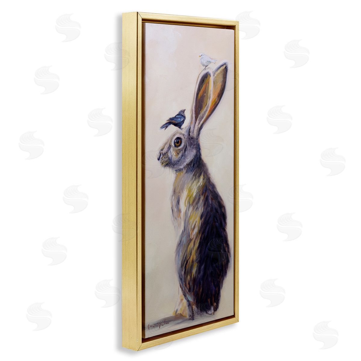 Minimal Rabbit & Perched Birds Gold Floating Frame Canvas Wall Art, Home Decor by Karen Weber Fine Art