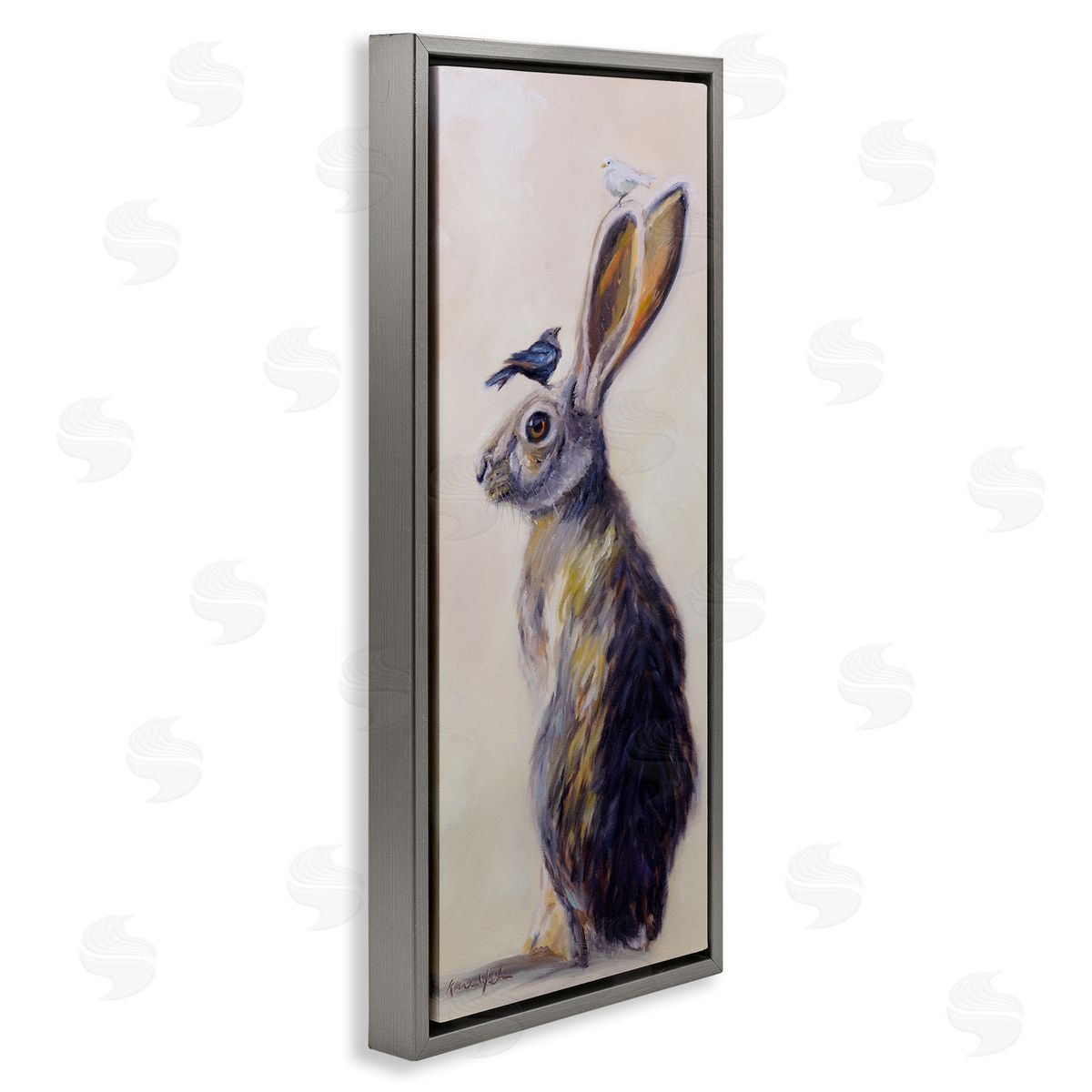 Minimal Rabbit & Perched Birds Grey Floating Frame Canvas Wall Art, Home Decor by Karen Weber Fine Art