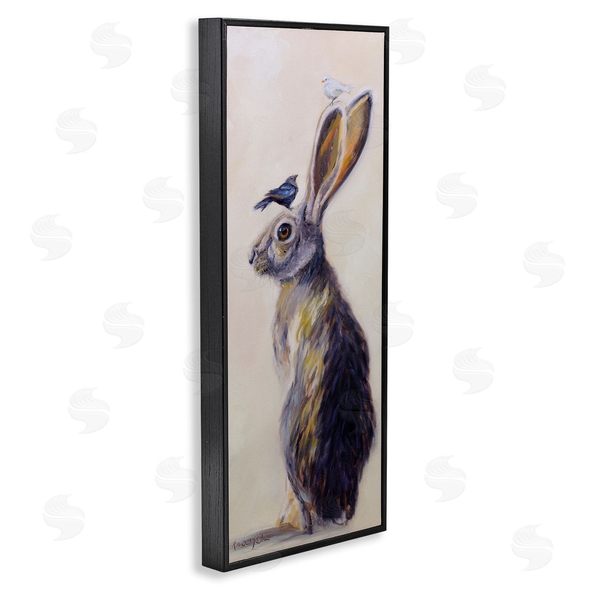 Minimal Rabbit & Perched Birds Black Frame Print Wall Art, Home Decor by Karen Weber Fine Art