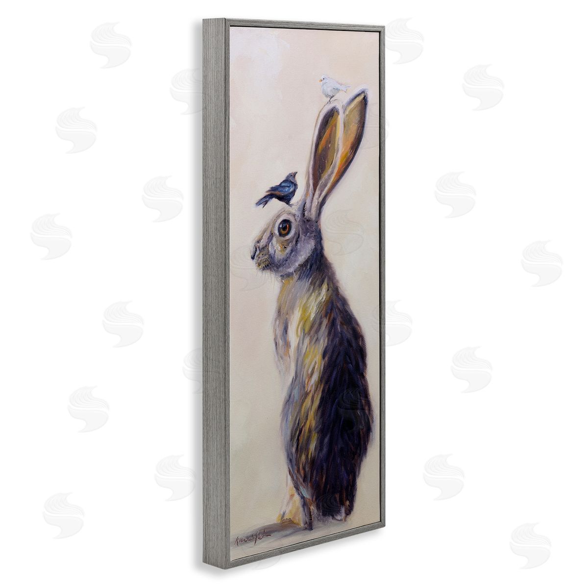 Minimal Rabbit & Perched Birds Grey Frame Print Wall Art, Home Decor by Karen Weber Fine Art