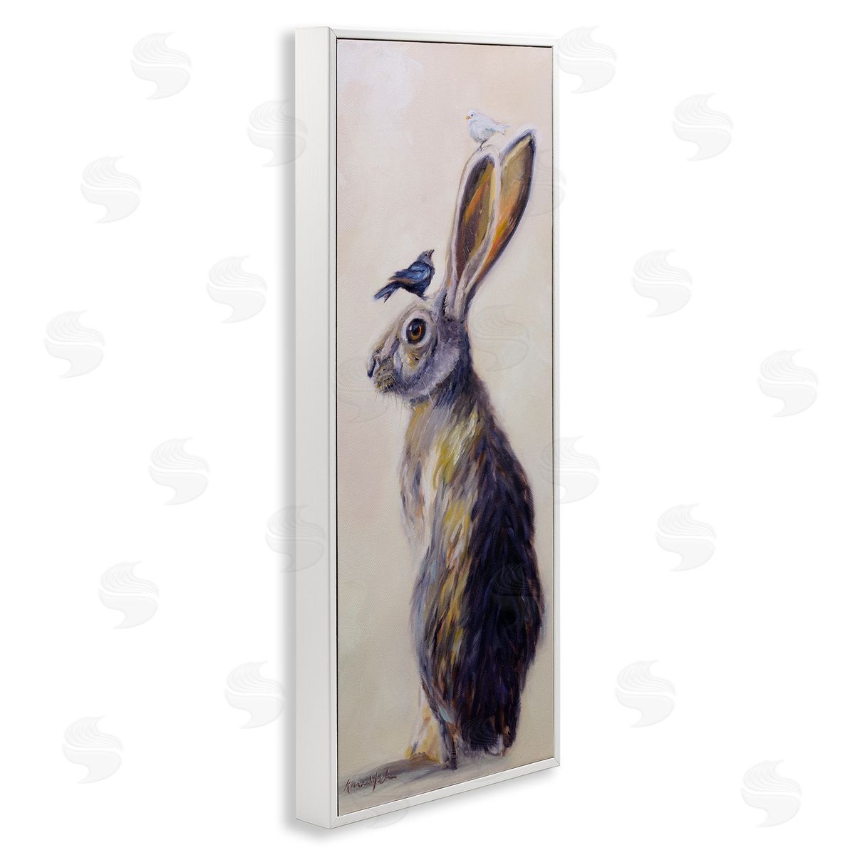 Minimal Rabbit & Perched Birds White Frame Print Wall Art, Home Decor by Karen Weber Fine Art