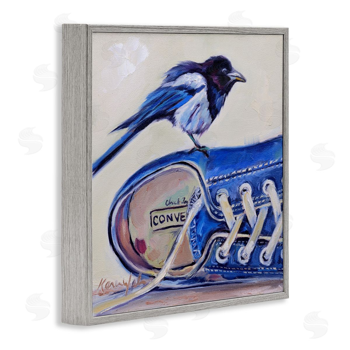 Karen Weber Fine Art Blue Bird Perched on Sneakers Gray Framed Giclee Wall Art