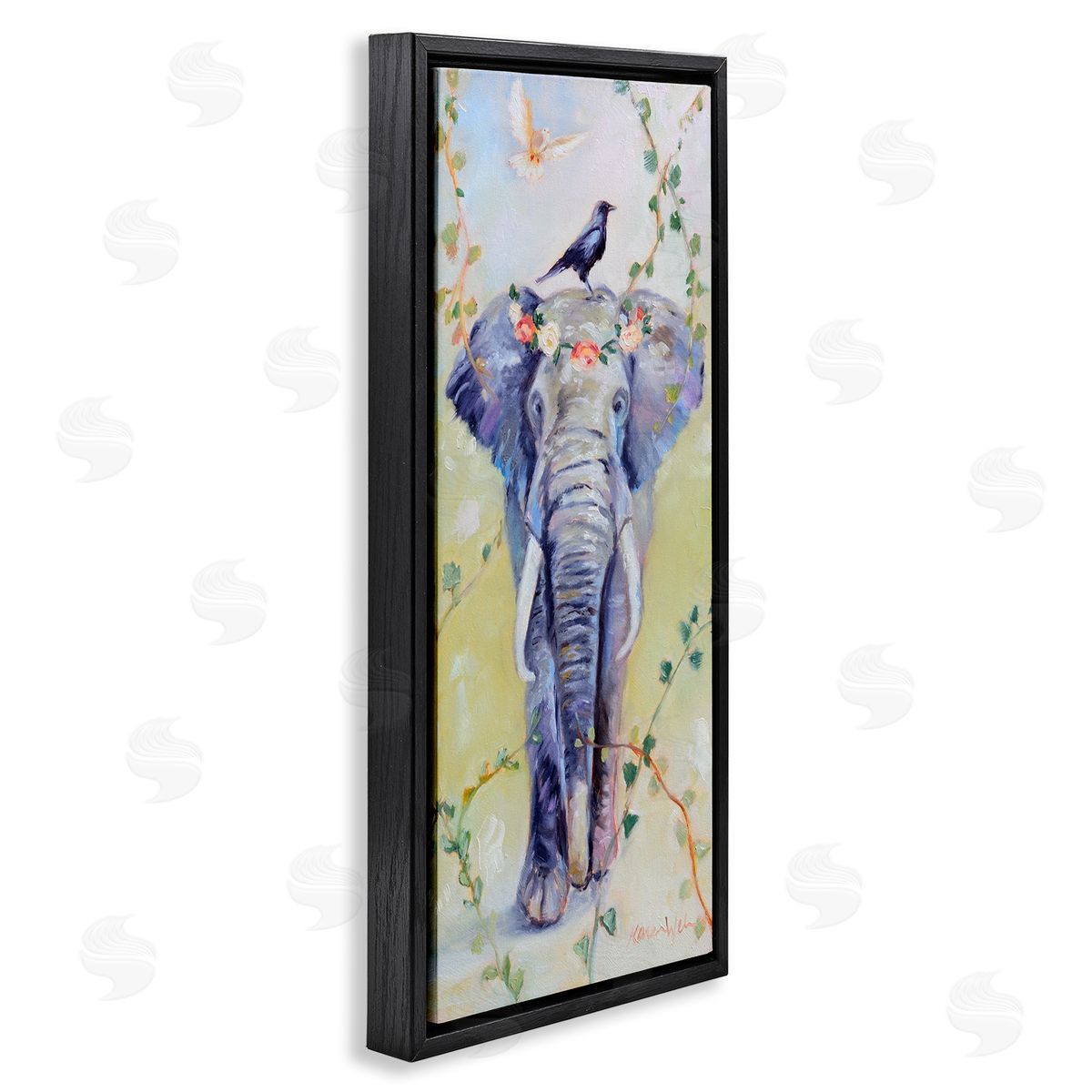 Bohemian Elephant with Green Vines Black Floating Frame Canvas Wall Art, Home Decor by Karen Weber Fine Art