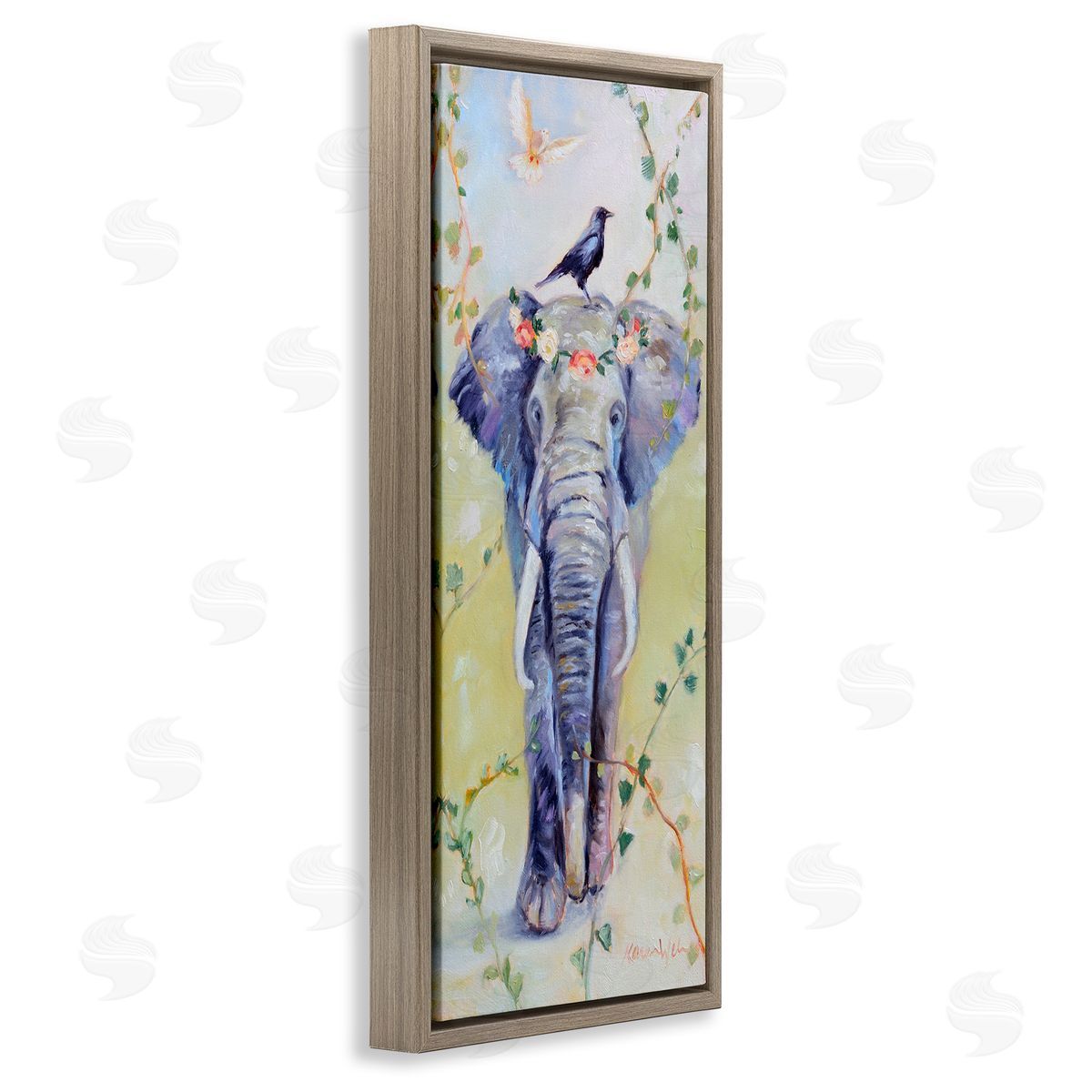 Bohemian Elephant with Green Vines Brown Floating Frame Canvas Wall Art, Home Decor by Karen Weber Fine Art
